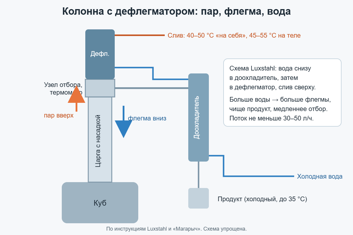 Схема колонны с дефлегматором: движение пара, флегмы и охлаждающей воды