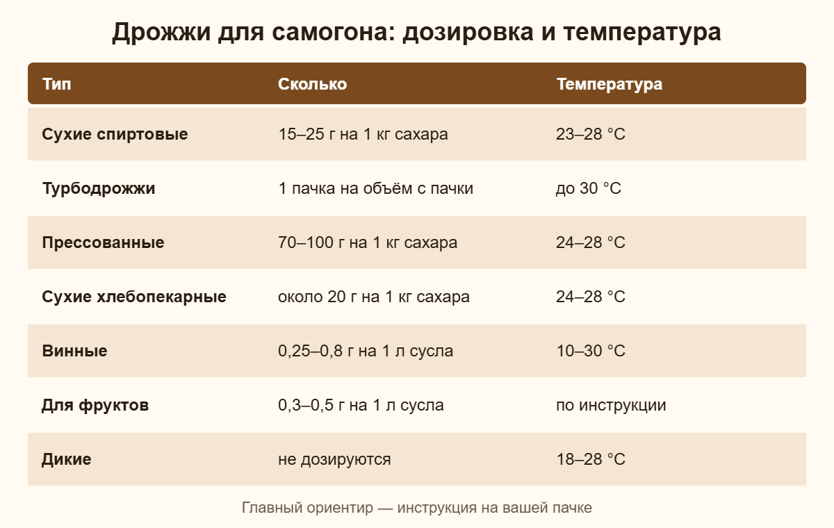 Таблица: типы дрожжей для самогона, дозировка и температура брожения