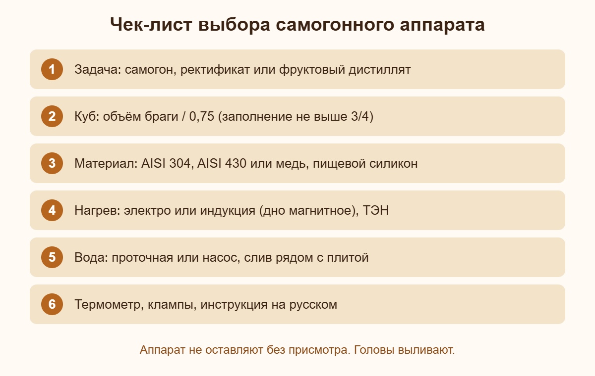 Чек-лист выбора самогонного аппарата: задача, объём куба, материал, нагрев, вода