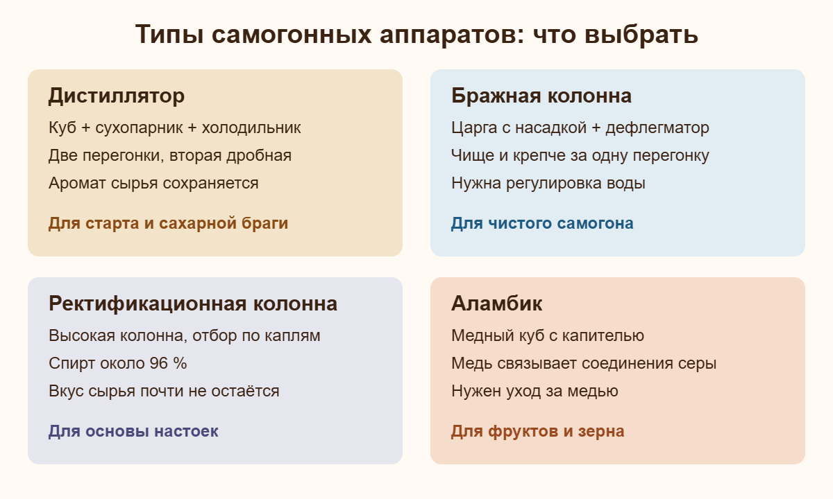 Типы самогонных аппаратов: дистиллятор, бражная колонна, ректификационная колонна, аламбик