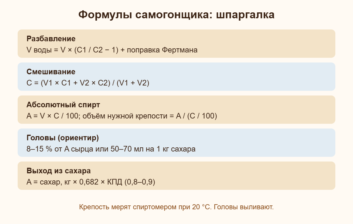 Шпаргалка формул самогонщика: разбавление, смешивание, абсолютный спирт, головы, выход из сахара