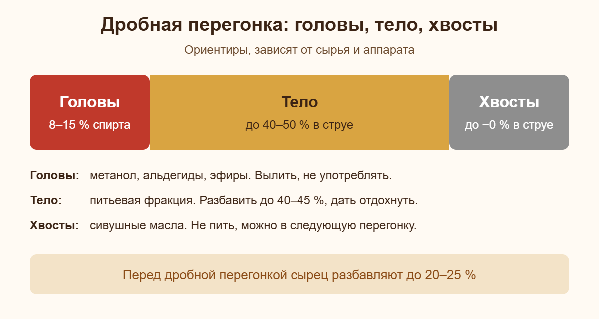 Схема дробной перегонки: головы, тело и хвосты с ориентирами отбора
