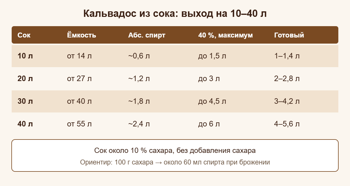 Выход домашнего кальвадоса из 10, 20, 30 и 40 л яблочного сока