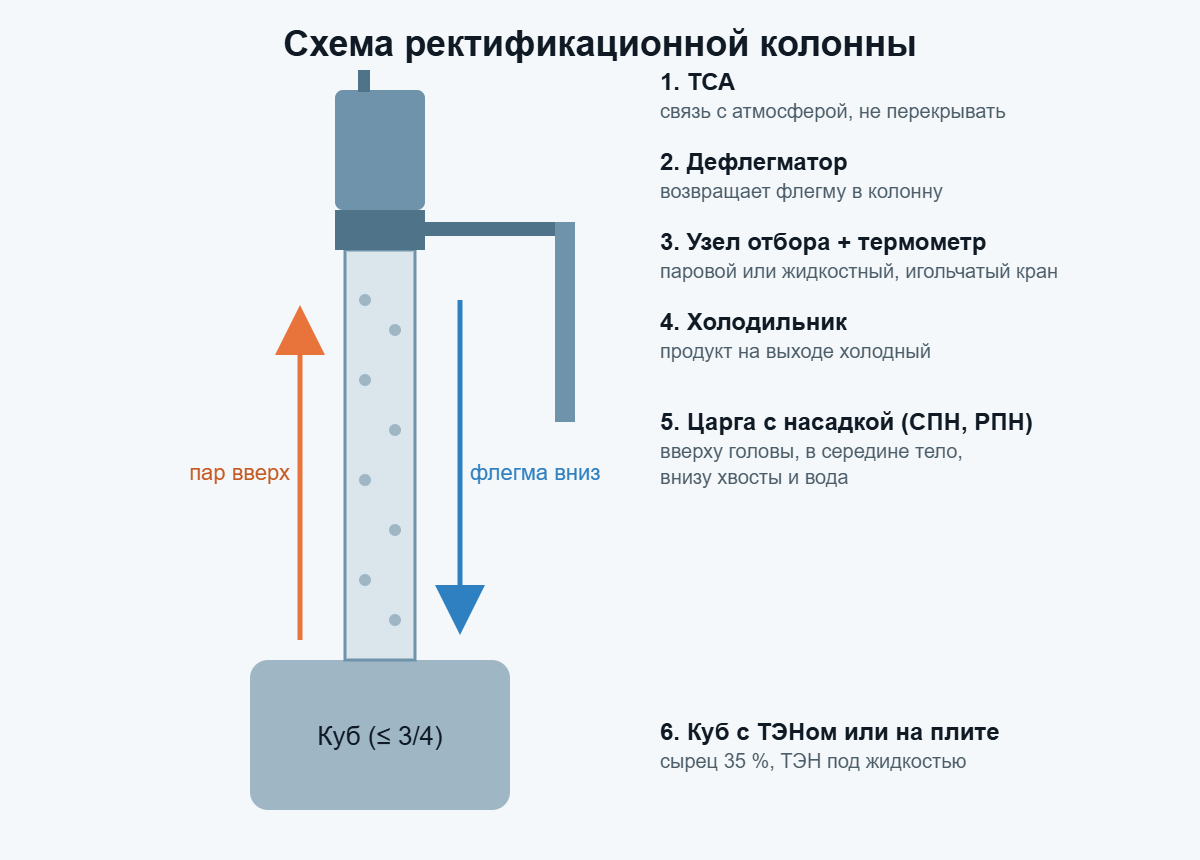 Схема ректификационной колонны: куб, царга с насадкой, узел отбора, дефлегматор, холодильник, ТСА