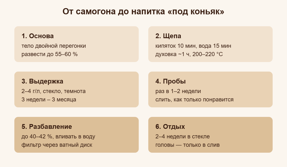 Шесть этапов домашнего напитка под коньяк из самогона