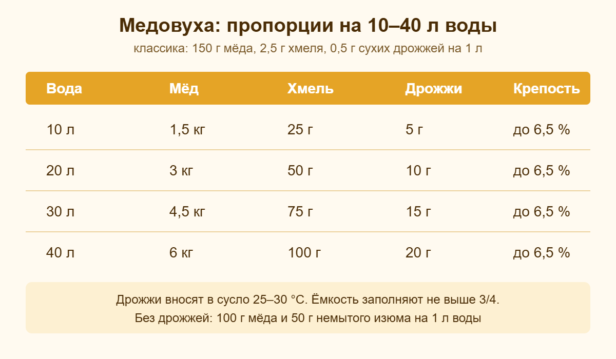 Медовуха: пропорции мёда, хмеля и дрожжей на 10, 20, 30 и 40 л воды