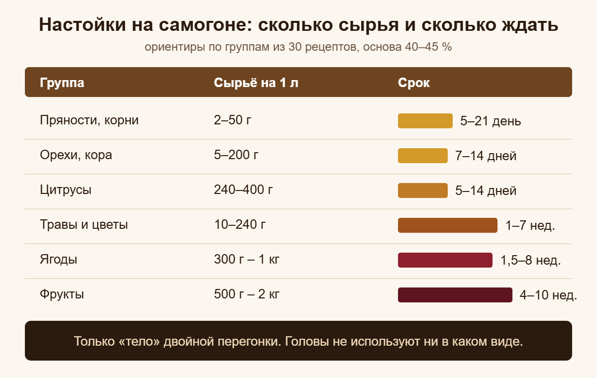 Настойки на самогоне по группам: сколько сырья на 1 л и сколько настаивать