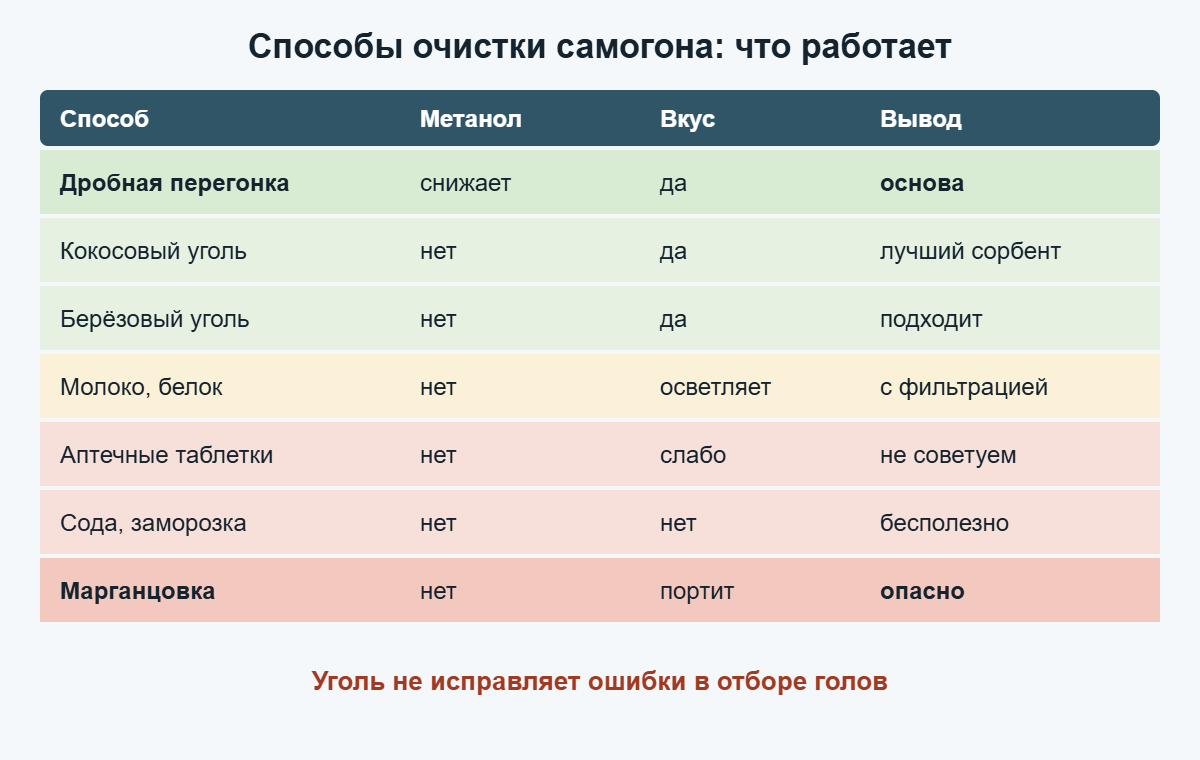 Сравнение способов очистки самогона: что убирает метанол и что влияет на вкус