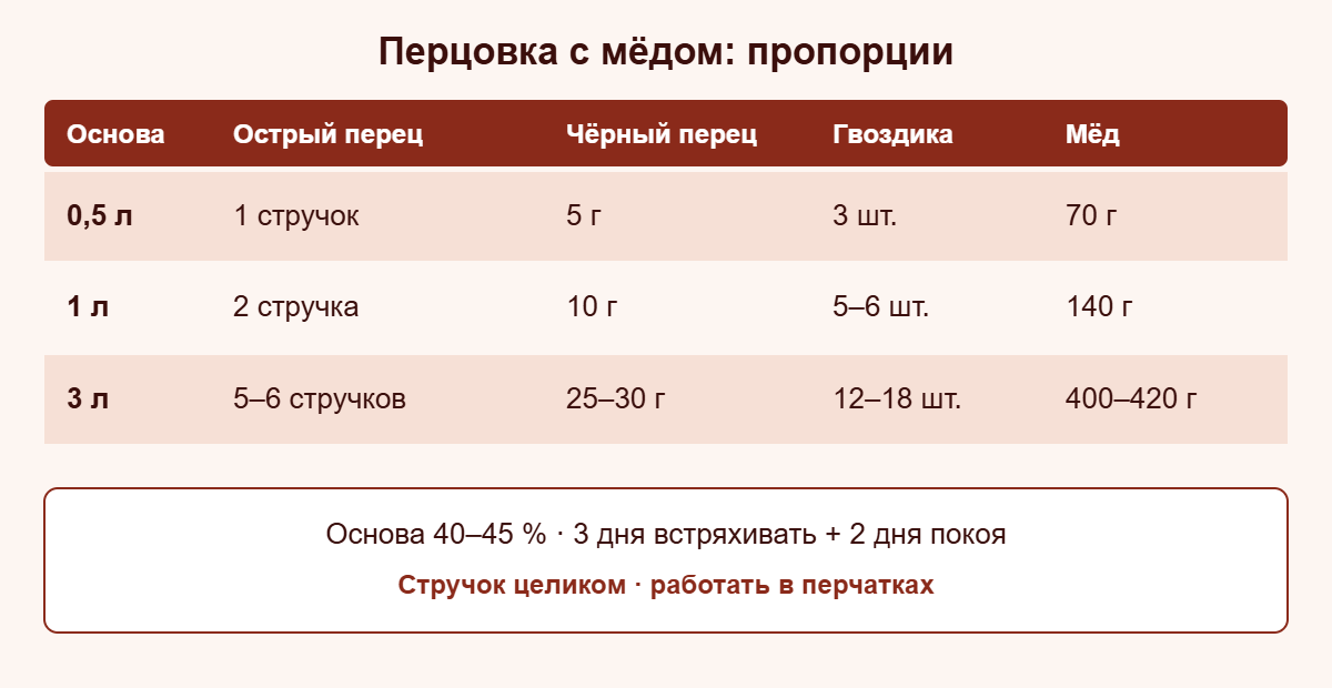 Пропорции перцовки с мёдом на 0,5, 1 и 3 л основы
