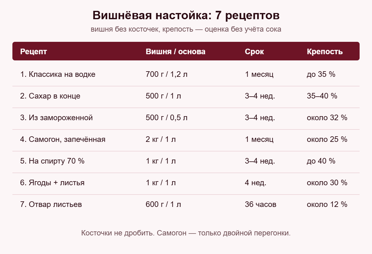 Таблица: сколько вишни на литр основы, срок настаивания и крепость в 7 рецептах вишнёвой настойки