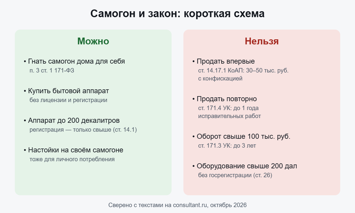 Схема: что можно и что нельзя по закону о самогоне — производство для себя, продажа, регистрация аппарата