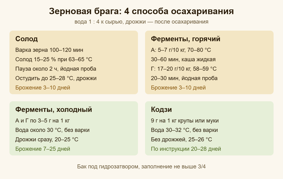 Схема: четыре способа осахаривания зерновой браги — солод, ферменты горячим и холодным способом, кодзи